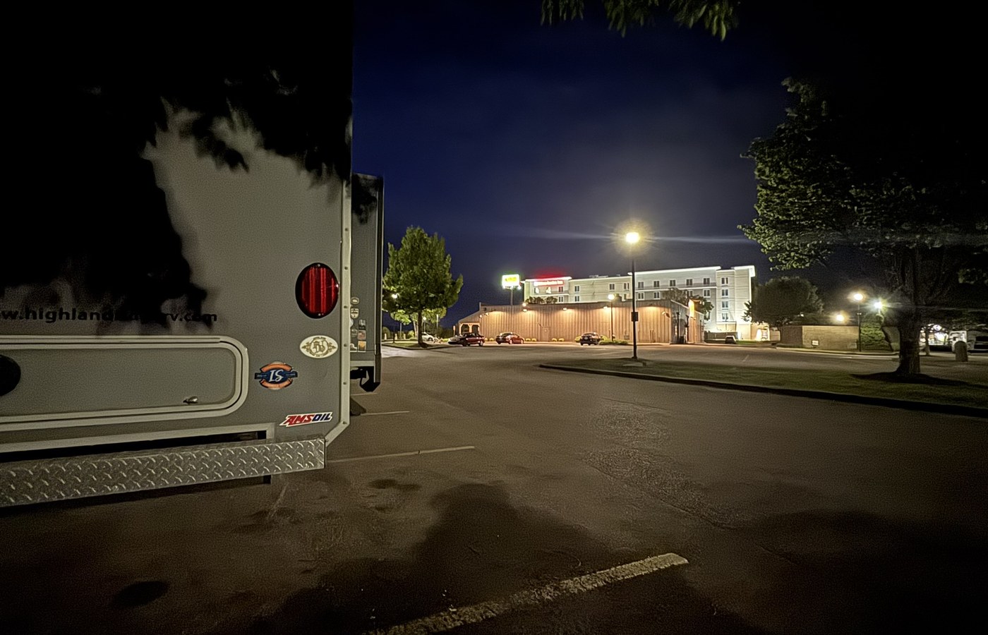 Campfires and Motors RV parked for an overnight travel stop