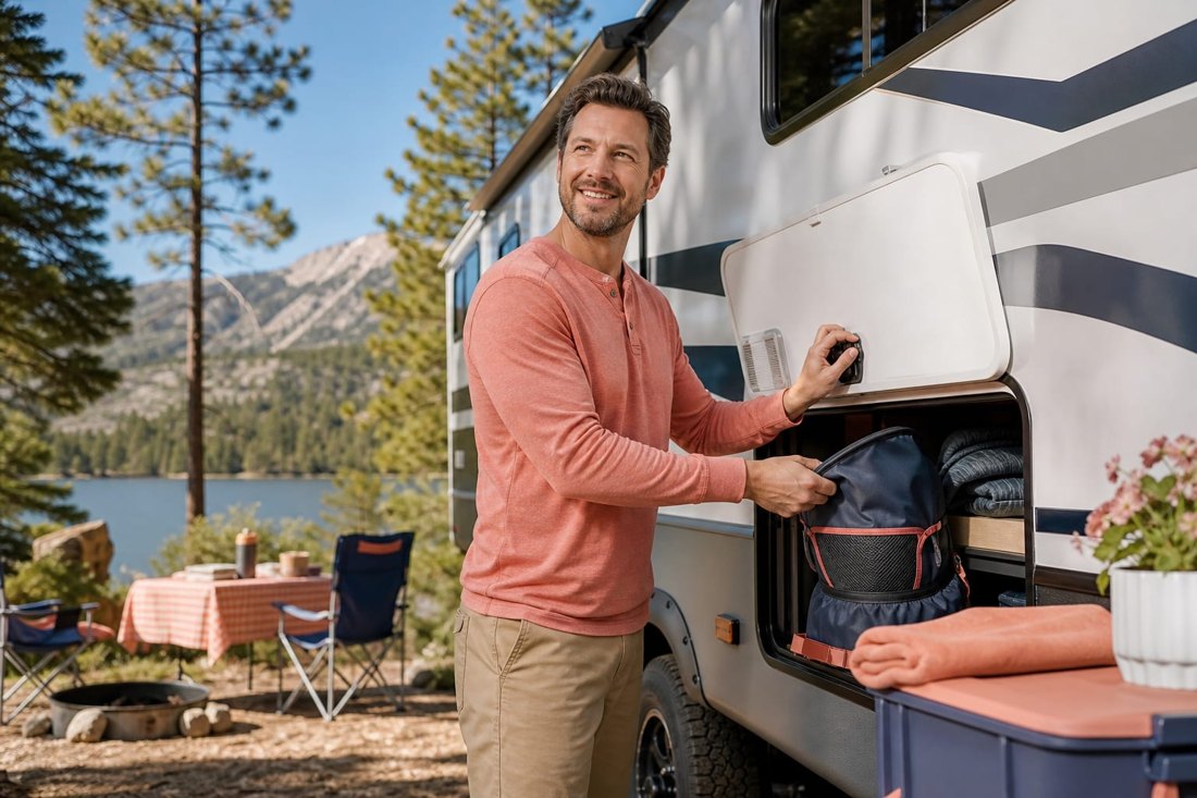 RV owner beside a motorhome in artwork from the Ready Set RV! launch page