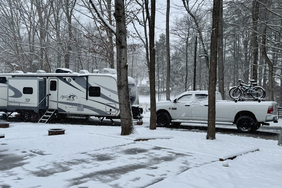 RV campsite in snowy weather